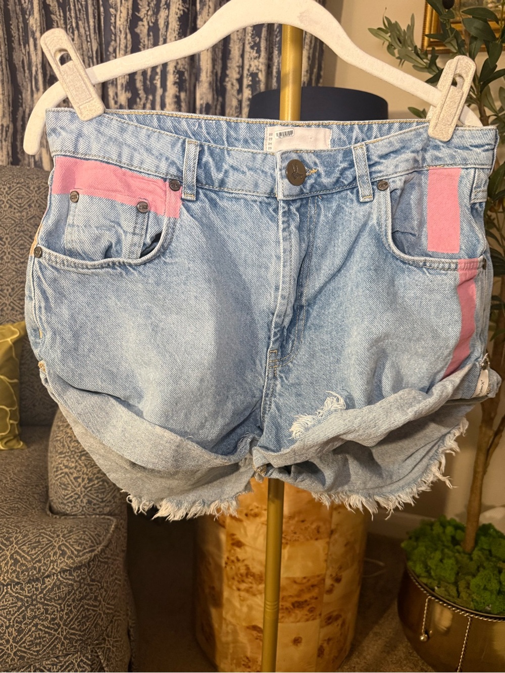 One Teaspoon Light Blue Denim Shorts with Pink & Orange Paint Accent